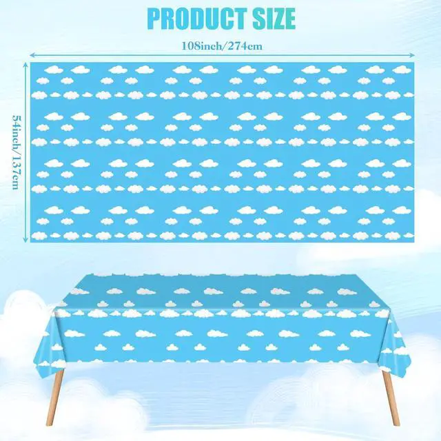 Alt view image 2 of 7 - Blue Sky White Clouds Birthday Party Supplies, Cartoon Story Birthday Blue Sky Tablecloth, Table Cover for Boy's and Girls Toy Party Supplies (54 x 108 Inch)