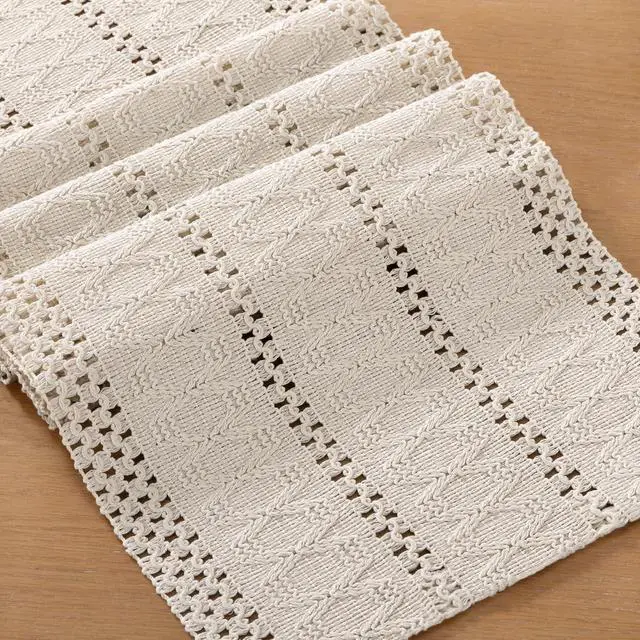 Alt view image 2 of 5 - Boho Table Runner Fall Farmhouse Rustic Dining Dresser Scarf Home Decor | Kitchen Centerpiece Small Macrame Woven Cotton Linen Coffee Table Runner Holiday Birthday Party Decorations 48in Beige