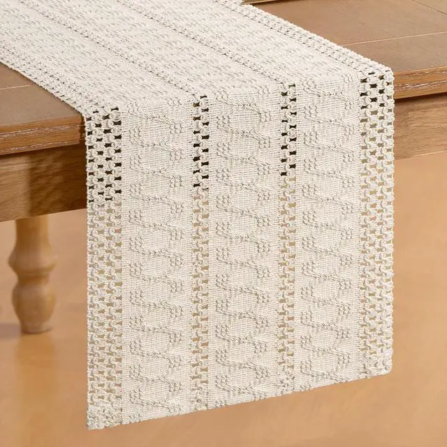 Alt view image 3 of 5 - Boho Table Runner Fall Farmhouse Rustic Dining Dresser Scarf Home Decor | Kitchen Centerpiece Small Macrame Woven Cotton Linen Coffee Table Runner Holiday Birthday Party Decorations 48in Beige