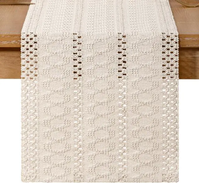 Alt view image 4 of 5 - Boho Table Runner Fall Farmhouse Rustic Dining Dresser Scarf Home Decor | Kitchen Centerpiece Small Macrame Woven Cotton Linen Coffee Table Runner Holiday Birthday Party Decorations 48in Beige