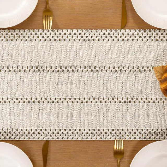 Alt view image 5 of 5 - Boho Table Runner Fall Farmhouse Rustic Dining Dresser Scarf Home Decor | Kitchen Centerpiece Small Macrame Woven Cotton Linen Coffee Table Runner Holiday Birthday Party Decorations 48in Beige