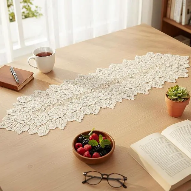 Main image of Beige Oval Lace Table Runner Doilies, Cotton Handmade Crochet Placemats, Floral Table Scarf for Wedding Living Room Kitchen Dining Decor (46.46 x 12.6 Inch)