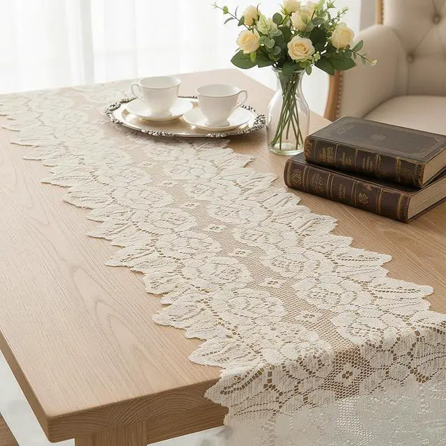 Alt view image 3 of 7 - Beige Oval Lace Table Runner Doilies, Cotton Handmade Crochet Placemats, Floral Table Scarf for Wedding Living Room Kitchen Dining Decor (46.46 x 12.6 Inch)