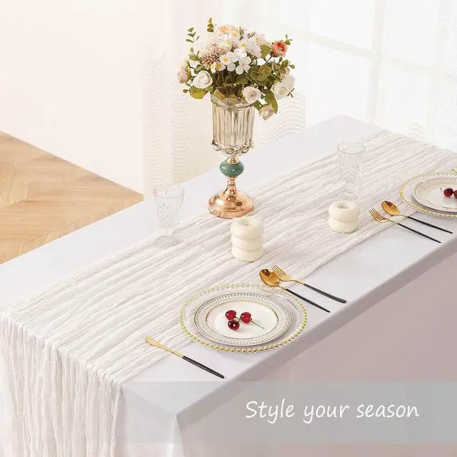 Alt view image 6 of 7 - White Cheesecloth Table Runner Gauze 35x120 Inches 10FT Boho Rustic Farmhouse for Thanksgiving Fall Wedding Bridal Shower Baby Shower Home Holiday Decorations