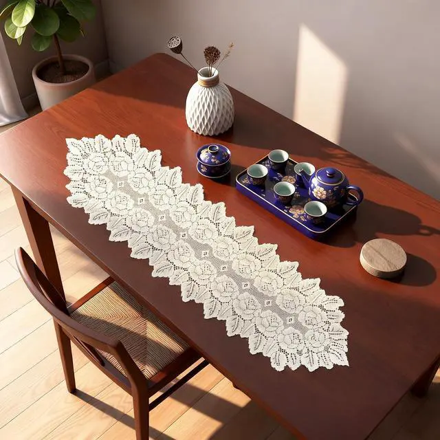 Alt view image 5 of 7 - Beige Oval Lace Table Runner Doilies, Cotton Handmade Crochet Placemats, Floral Table Scarf for Wedding Living Room Kitchen Dining Decor (46.46 x 12.6 Inch)