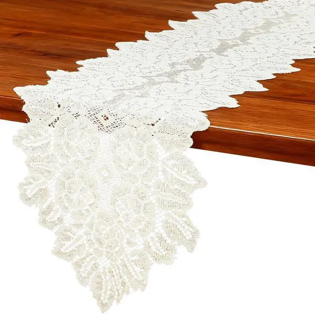 Alt view image 4 of 7 - Beige Oval Lace Table Runner Doilies, Cotton Handmade Crochet Placemats, Floral Table Scarf for Wedding Living Room Kitchen Dining Decor (46.46 x 12.6 Inch)