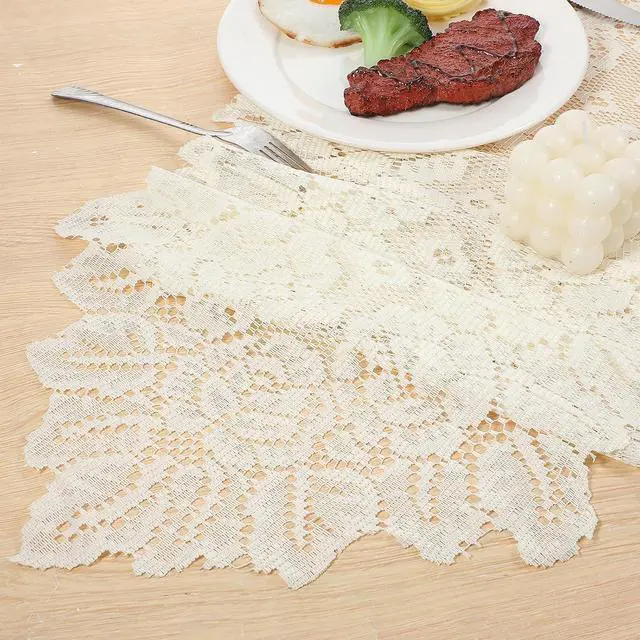 Alt view image 6 of 7 - Beige Oval Lace Table Runner Doilies, Cotton Handmade Crochet Placemats, Floral Table Scarf for Wedding Living Room Kitchen Dining Decor (46.46 x 12.6 Inch)