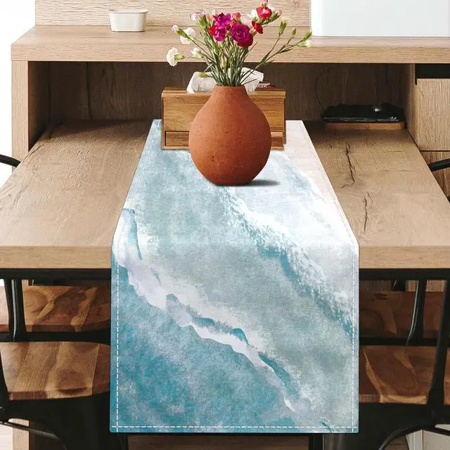 Alt view image 2 of 6 - Coastal Table Runner Beach Coffee Table Runner Linen Farmhouse Dress Scarves Teal Blue Tablerunner for Kitchen Dinner Ocean Nautical Decor (13" x 36", Coastal)