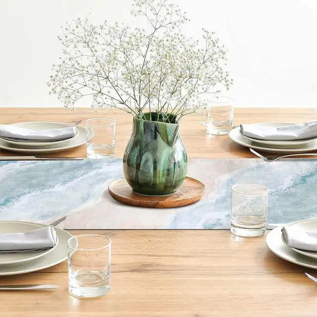 Alt view image 4 of 6 - Coastal Table Runner Beach Coffee Table Runner Linen Farmhouse Dress Scarves Teal Blue Tablerunner for Kitchen Dinner Ocean Nautical Decor (13" x 36", Coastal)