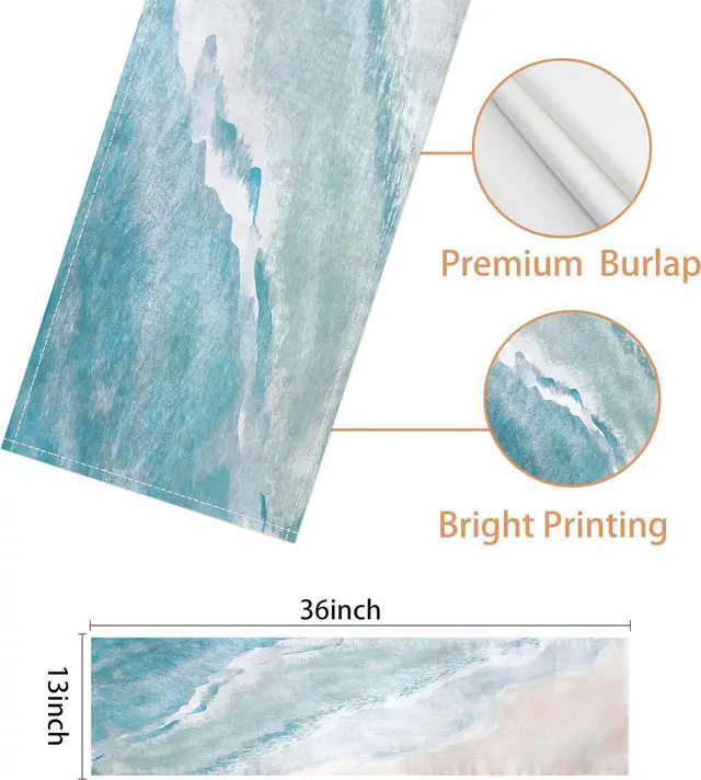 Alt view image 5 of 6 - Coastal Table Runner Beach Coffee Table Runner Linen Farmhouse Dress Scarves Teal Blue Tablerunner for Kitchen Dinner Ocean Nautical Decor (13" x 36", Coastal)