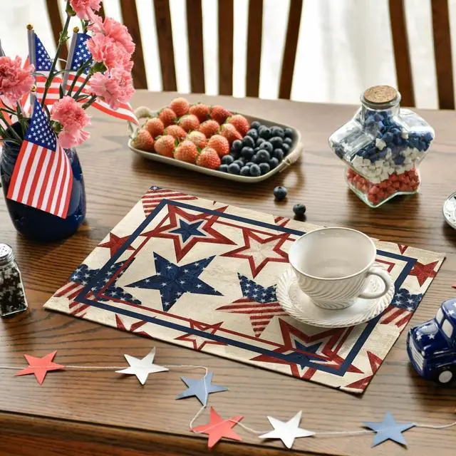 Alt view image 5 of 7 - Niviy 250th Anniversary USA Placemats, Retro Stars Stripes Patriotic Placemats Set of 4, 12x18 Inch Memorial Day Independence Day Table Mats for Holiday Party Kitchen Dining Room Decoration