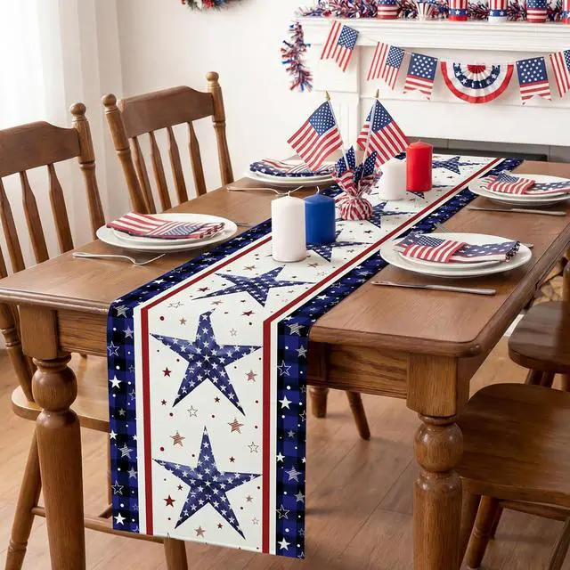 Alt view image 3 of 7 - Artscope Patriotic 4th of July Table Runner, Stars Stripes Memorial Day Kitchen Dining Table Decoration for Independence Day Home Decor 13x72 Inch