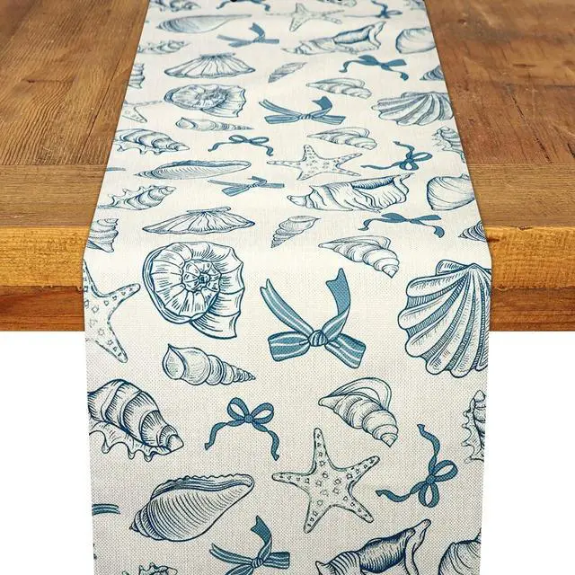 Main image of Blue Bow Seashell Table Runner Last Toast on The Coasttable Runner 13 x 72 Inch for Dinning Room Kitchen Summer Ocean Sea Decorations for Holiday Party Housewarming Gifts Baby Shower