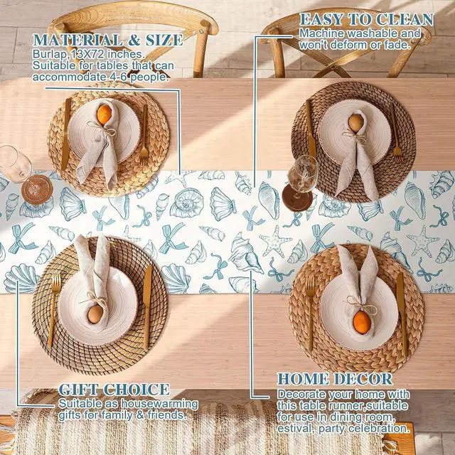 Alt view image 3 of 7 - Blue Bow Seashell Table Runner Last Toast on The Coasttable Runner 13 x 72 Inch for Dinning Room Kitchen Summer Ocean Sea Decorations for Holiday Party Housewarming Gifts Baby Shower