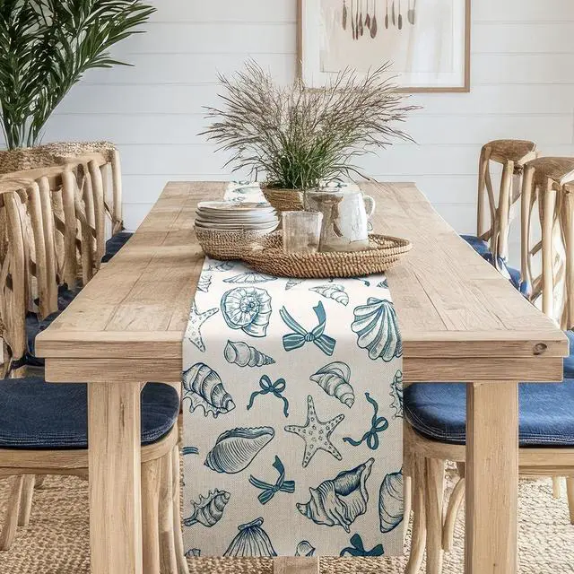 Alt view image 5 of 7 - Blue Bow Seashell Table Runner Last Toast on The Coasttable Runner 13 x 72 Inch for Dinning Room Kitchen Summer Ocean Sea Decorations for Holiday Party Housewarming Gifts Baby Shower