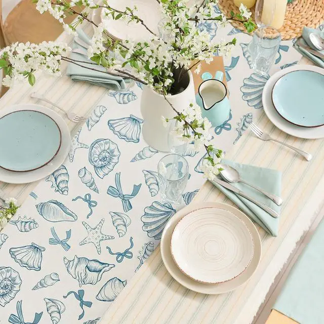 Alt view image 4 of 7 - Blue Bow Seashell Table Runner Last Toast on The Coasttable Runner 13 x 72 Inch for Dinning Room Kitchen Summer Ocean Sea Decorations for Holiday Party Housewarming Gifts Baby Shower