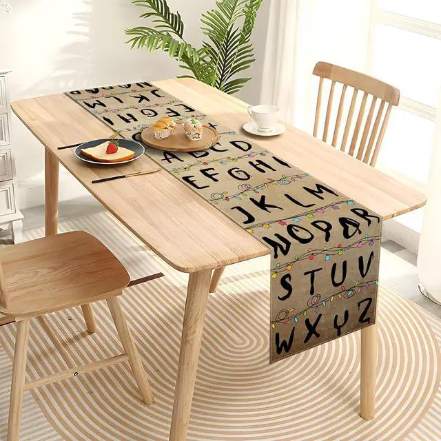 Alt view image 2 of 6 - Halloween Alphabet Table Runner Rustic Spooky Birthday Party Decorations Horror Home Kitchen Dining Island Decor (13" x 72")