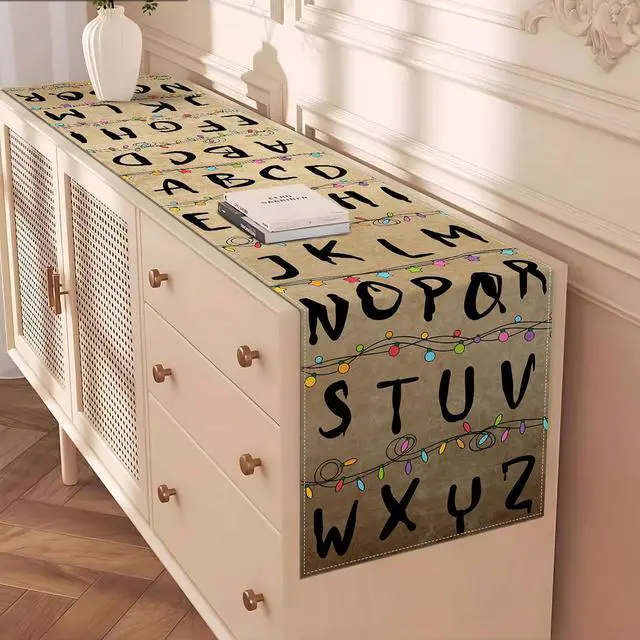 Alt view image 6 of 6 - Halloween Alphabet Table Runner Rustic Spooky Birthday Party Decorations Horror Home Kitchen Dining Island Decor (13" x 72")