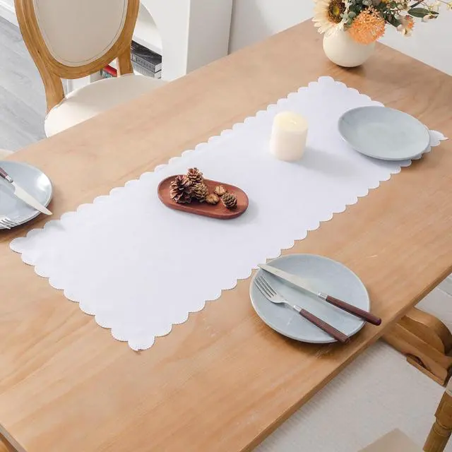 Main image of Small Solid White Farmhouse Scalloped Table Runner 13 x 36 Inchs | Washable Polyester Cute Everyday Decorative Table Runners for Dinner Birthday Wedding and Party