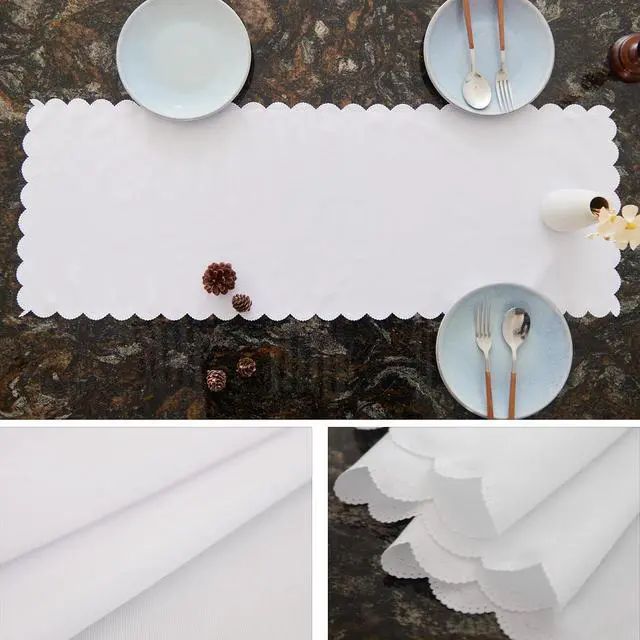 Alt view image 5 of 7 - Small Solid White Farmhouse Scalloped Table Runner 13 x 36 Inchs | Washable Polyester Cute Everyday Decorative Table Runners for Dinner Birthday Wedding and Party