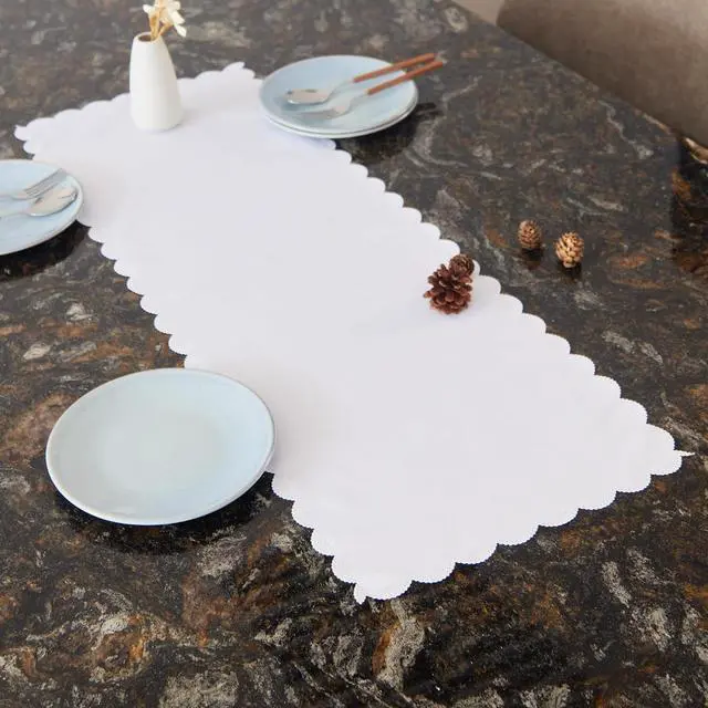 Alt view image 4 of 7 - Small Solid White Farmhouse Scalloped Table Runner 13 x 36 Inchs | Washable Polyester Cute Everyday Decorative Table Runners for Dinner Birthday Wedding and Party
