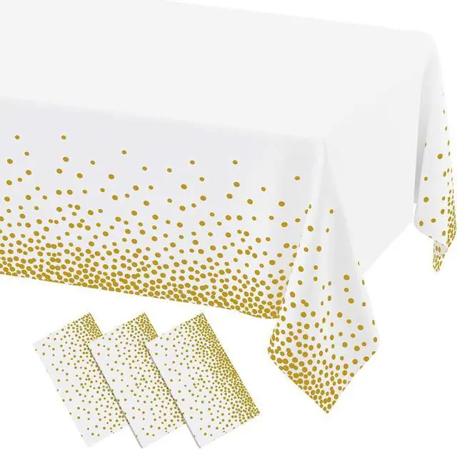 Main image of misaya 3 Packs Dot Disposable Table Cloth, 54 x 108 Inch Waterproof Plastic Tablecloth, Rectangle Gold Dots in White Table Covers for Picnic, Birthday, Party and Back to School