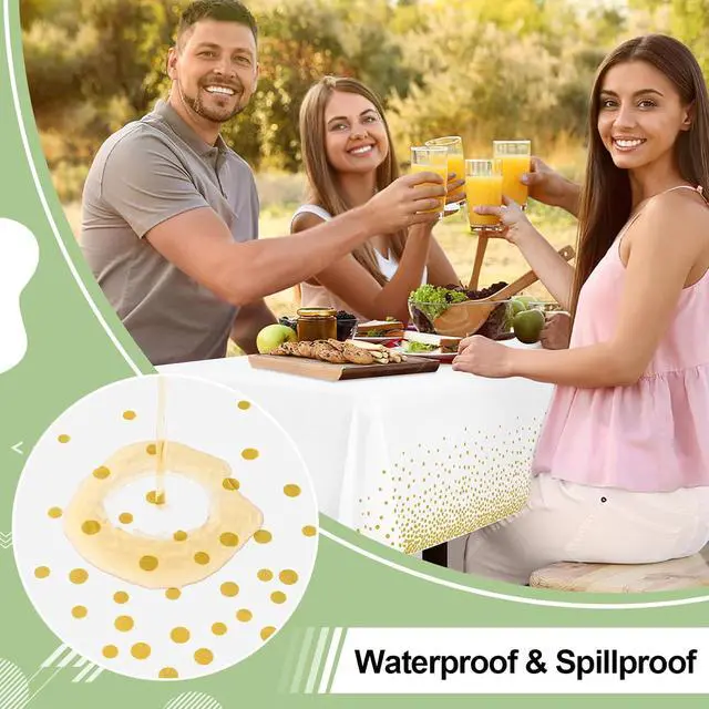Alt view image 3 of 7 - misaya 3 Packs Dot Disposable Table Cloth, 54 x 108 Inch Waterproof Plastic Tablecloth, Rectangle Gold Dots in White Table Covers for Picnic, Birthday, Party and Back to School