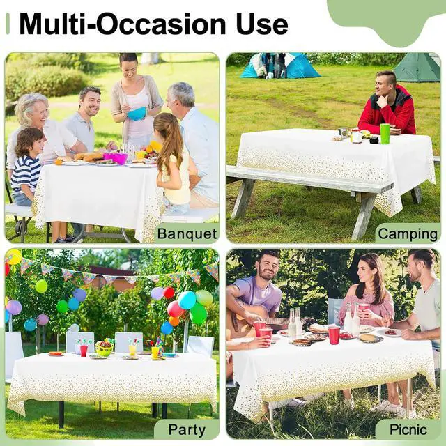Alt view image 6 of 7 - misaya 3 Packs Dot Disposable Table Cloth, 54 x 108 Inch Waterproof Plastic Tablecloth, Rectangle Gold Dots in White Table Covers for Picnic, Birthday, Party and Back to School