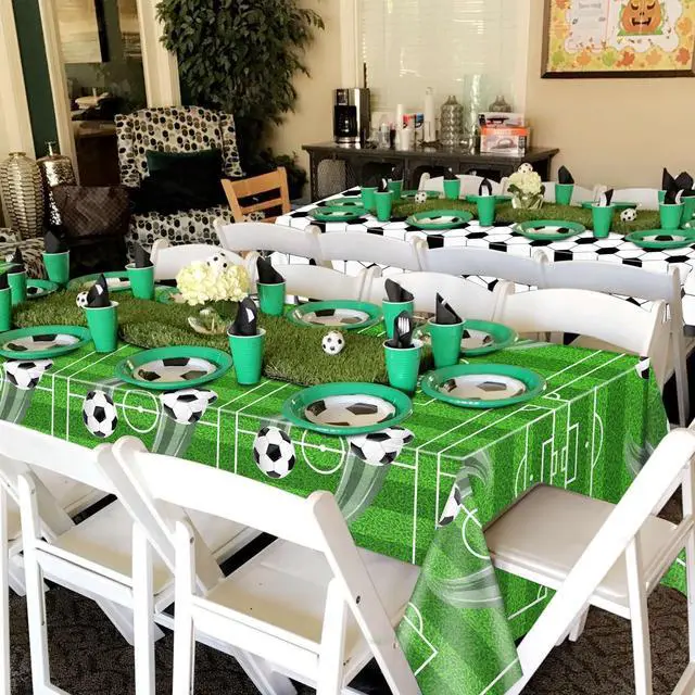 Alt view image 4 of 7 - Soccer Party Tablecloths, Soccer Theme Party Plastic Table Cover Disposable Soccer Field Soccer Pattern Table Covers for Boys Birthday Party Soccer Event Sports Theme Party Decorations, 87x51'' (4)