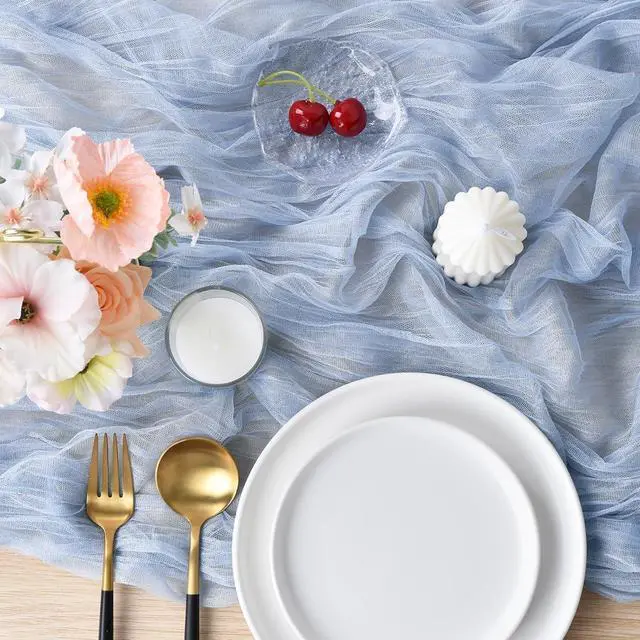 Alt view image 2 of 5 - Blue Cheesecloth Table Runner Cheese Cloth Wedding Birthday Party Decor | 10Ft Summer Rustic Boho Gauze Farmhouse Bridal Baby Shower Holiday Dining Tea Party Home Table Decorations