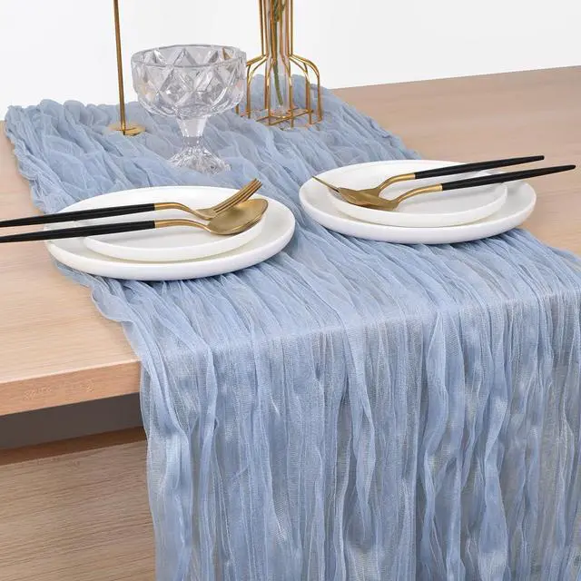Alt view image 4 of 5 - Blue Cheesecloth Table Runner Cheese Cloth Wedding Birthday Party Decor | 10Ft Summer Rustic Boho Gauze Farmhouse Bridal Baby Shower Holiday Dining Tea Party Home Table Decorations