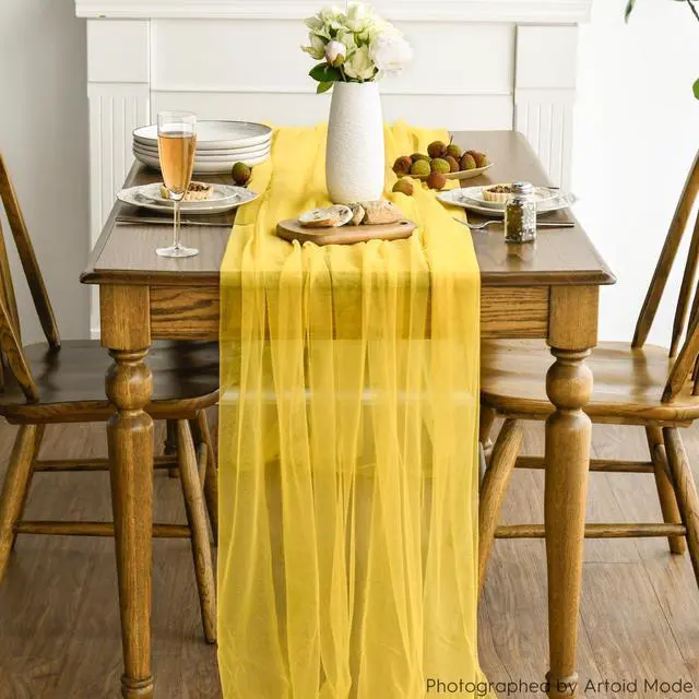 Alt view image 2 of 7 - Artoid Mode Yellow Gauze Table Runner 120 Inch 10FT, Seasonal Sheer Kitchen Dining Holiday Wedding Birthday Baby Shower Table Decor for Home Party