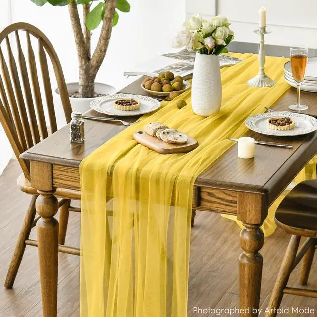 Alt view image 3 of 7 - Artoid Mode Yellow Gauze Table Runner 120 Inch 10FT, Seasonal Sheer Kitchen Dining Holiday Wedding Birthday Baby Shower Table Decor for Home Party