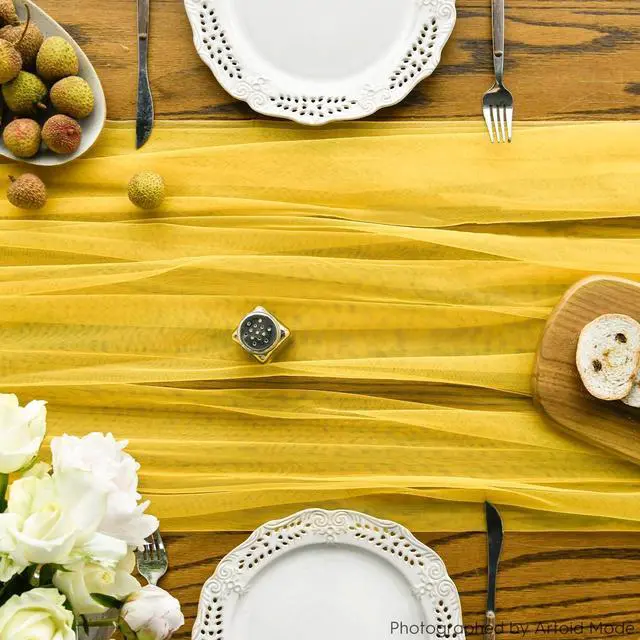 Alt view image 4 of 7 - Artoid Mode Yellow Gauze Table Runner 120 Inch 10FT, Seasonal Sheer Kitchen Dining Holiday Wedding Birthday Baby Shower Table Decor for Home Party