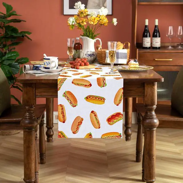 Alt view image 5 of 6 - Hot Dog Table Runner Hot Dog Birthday Party Decorations A Weenie Bit Older Dining Room Home Kitchen Table Decor (13" x 72")