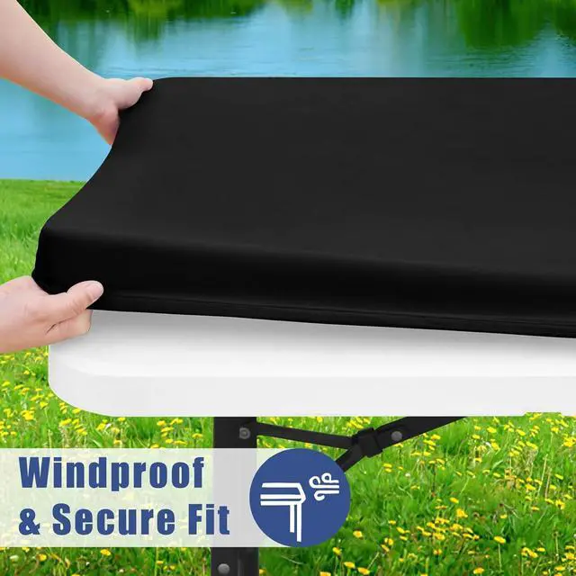 Alt view image 3 of 7 - Moosfor Spandex 4 Foot Rectangle Table Cloth, Elastic Fitted Tablecloths for Picnic, Stretch Washable Patio Table Cover for Outdoor, Camping, Banquet and Parties (Black, 30"x48")