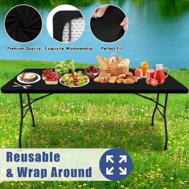 Alt view image 5 of 7 - Moosfor Spandex 4 Foot Rectangle Table Cloth, Elastic Fitted Tablecloths for Picnic, Stretch Washable Patio Table Cover for Outdoor, Camping, Banquet and Parties (Black, 30"x48")
