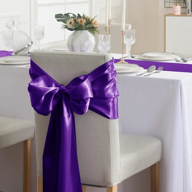 Alt view image 6 of 7 - 6Pack Table Runner 12 x 108 Inches Satin Silk Table Runner for Wedding, Birthday Party, Banquets, Graduations Decoration, fit Rectange and Round Table-Purple