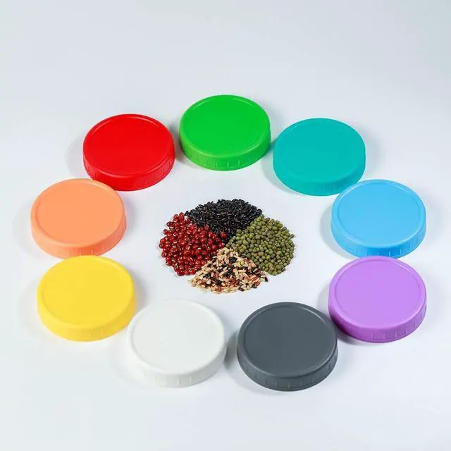 Alt view image 3 of 6 - Bedgeta 9 Wide Mouth Mason Jar Lids with Silicone Ring,Thickened Leak-proof Lids Fit Ball,Kerr and More, 9 Color Plastic Lids, 86mm Plastic Mason Jar Lids