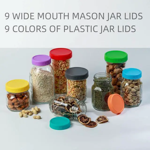 Alt view image 4 of 6 - Bedgeta 9 Wide Mouth Mason Jar Lids with Silicone Ring,Thickened Leak-proof Lids Fit Ball,Kerr and More, 9 Color Plastic Lids, 86mm Plastic Mason Jar Lids