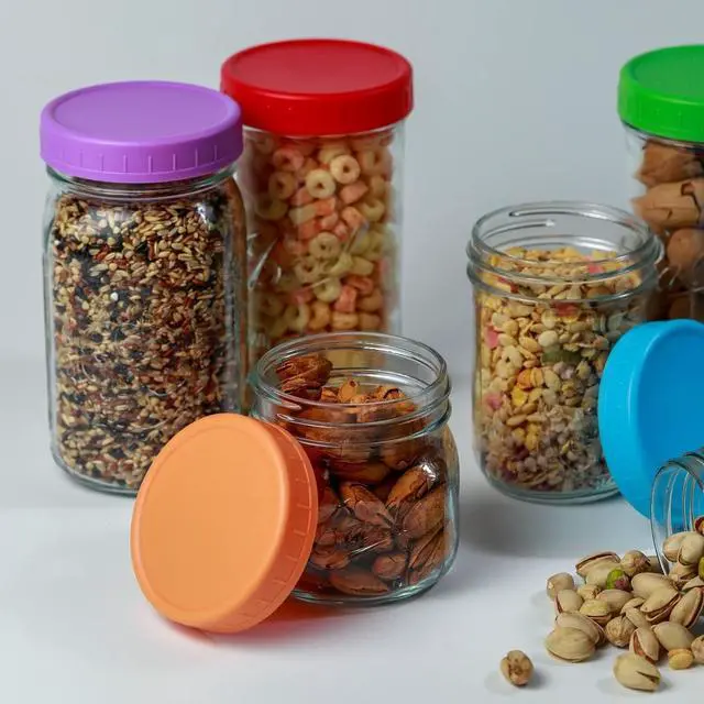 Alt view image 5 of 6 - Bedgeta 9 Wide Mouth Mason Jar Lids with Silicone Ring,Thickened Leak-proof Lids Fit Ball,Kerr and More, 9 Color Plastic Lids, 86mm Plastic Mason Jar Lids