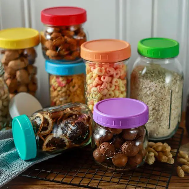 Alt view image 6 of 6 - Bedgeta 9 Wide Mouth Mason Jar Lids with Silicone Ring,Thickened Leak-proof Lids Fit Ball,Kerr and More, 9 Color Plastic Lids, 86mm Plastic Mason Jar Lids