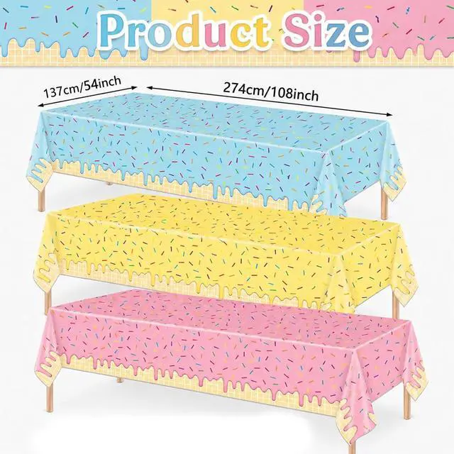 Alt view image 2 of 6 - 3 Pieces Ice Cream Sprinkle Plastic Tablecloth 54 x 108 Inch Disposable Dessert Drip Table Covers in Blue, Yellow, and Pink for Birthday, Baby Shower, Ice Cream Party, Candy Theme Table Decoration