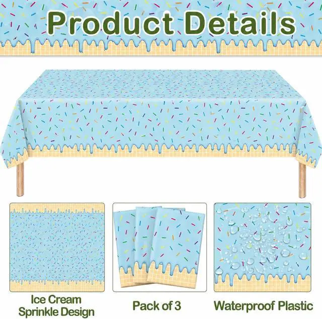 Alt view image 3 of 6 - 3 Pieces Ice Cream Sprinkle Plastic Tablecloth 54 x 108 Inch Disposable Dessert Drip Table Covers in Blue, Yellow, and Pink for Birthday, Baby Shower, Ice Cream Party, Candy Theme Table Decoration