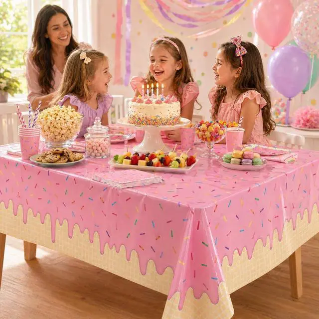 Alt view image 4 of 6 - 3 Pieces Ice Cream Sprinkle Plastic Tablecloth 54 x 108 Inch Disposable Dessert Drip Table Covers in Blue, Yellow, and Pink for Birthday, Baby Shower, Ice Cream Party, Candy Theme Table Decoration