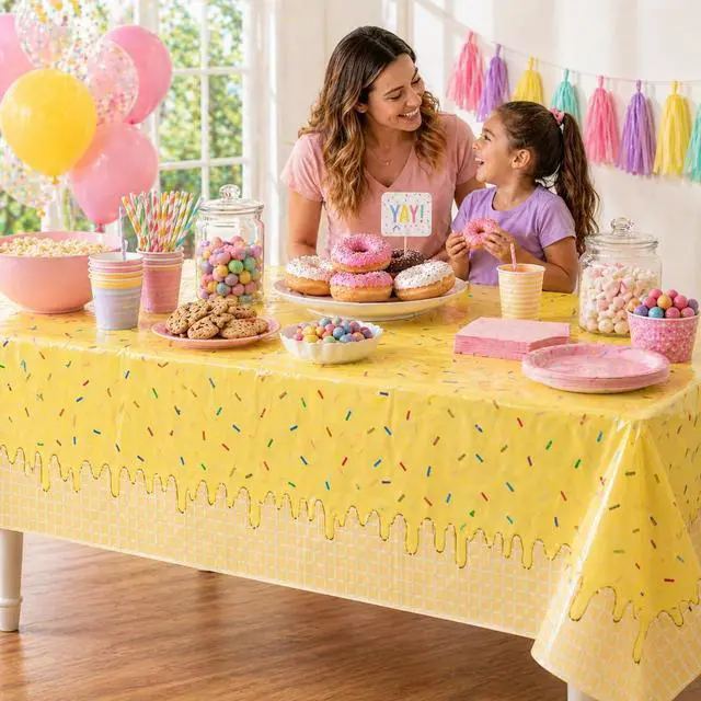 Alt view image 5 of 6 - 3 Pieces Ice Cream Sprinkle Plastic Tablecloth 54 x 108 Inch Disposable Dessert Drip Table Covers in Blue, Yellow, and Pink for Birthday, Baby Shower, Ice Cream Party, Candy Theme Table Decoration