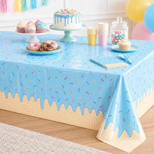 Alt view image 6 of 6 - 3 Pieces Ice Cream Sprinkle Plastic Tablecloth 54 x 108 Inch Disposable Dessert Drip Table Covers in Blue, Yellow, and Pink for Birthday, Baby Shower, Ice Cream Party, Candy Theme Table Decoration