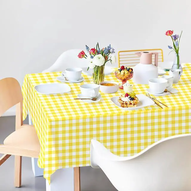 Alt view image 3 of 7 - 2 Pack Yellow Gingham Tablecloth 54 × 108 Inch Yellow and White Checkered Table Cloth Plastic Rectangle Table Cover for Picnic Birthday Baby Shower Party Gingham Tablecloth Diaposable