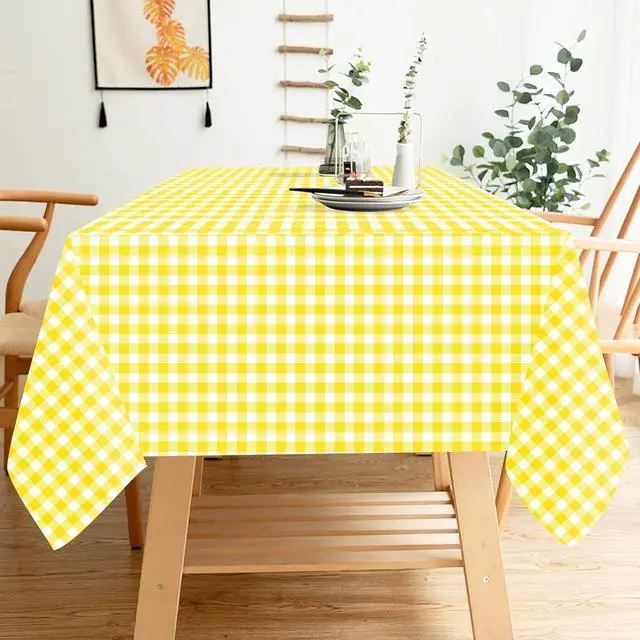 Alt view image 6 of 7 - 2 Pack Yellow Gingham Tablecloth 54 × 108 Inch Yellow and White Checkered Table Cloth Plastic Rectangle Table Cover for Picnic Birthday Baby Shower Party Gingham Tablecloth Diaposable