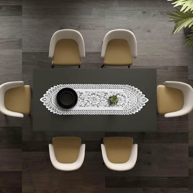 Alt view image 6 of 7 - 1 Pcs Doilies for Tables Dresser Scarf for Bedrooms Furniture White Lace Table Runner Crochet Cotton Desk Runner Dresser Cover Top 45" X 13.38" Vintage Lace Cloth for End